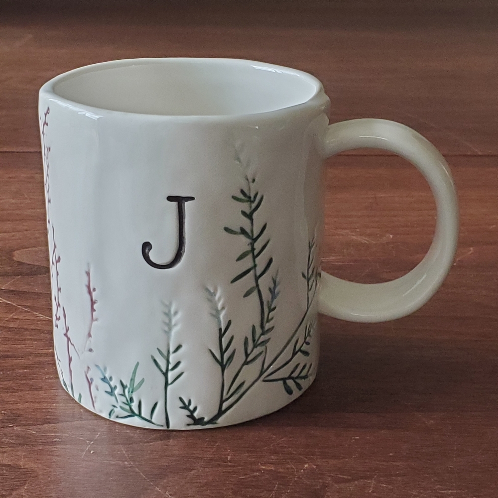 Anthropologie Dagny Initial J Mug Wildflower Botanical Ceramic Tea Coffee Cup